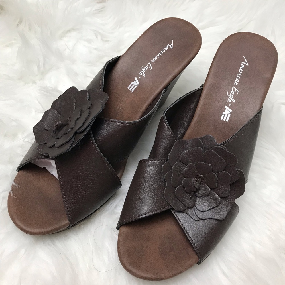 American Eagle Brown Slide Sandals Flower Detail